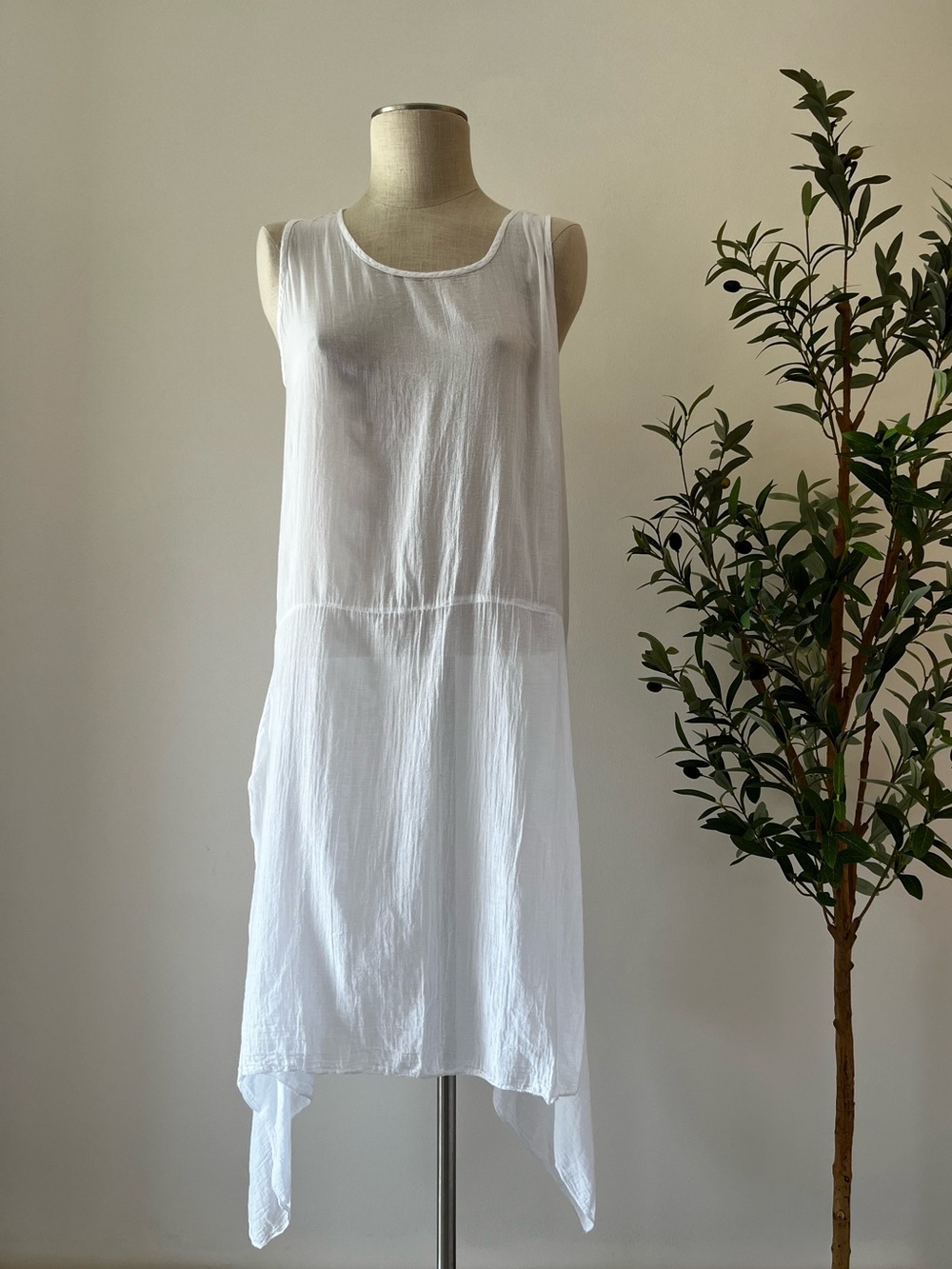 Women's White Sleeveless Gauze 100% Cotton Asymmetrical Dress